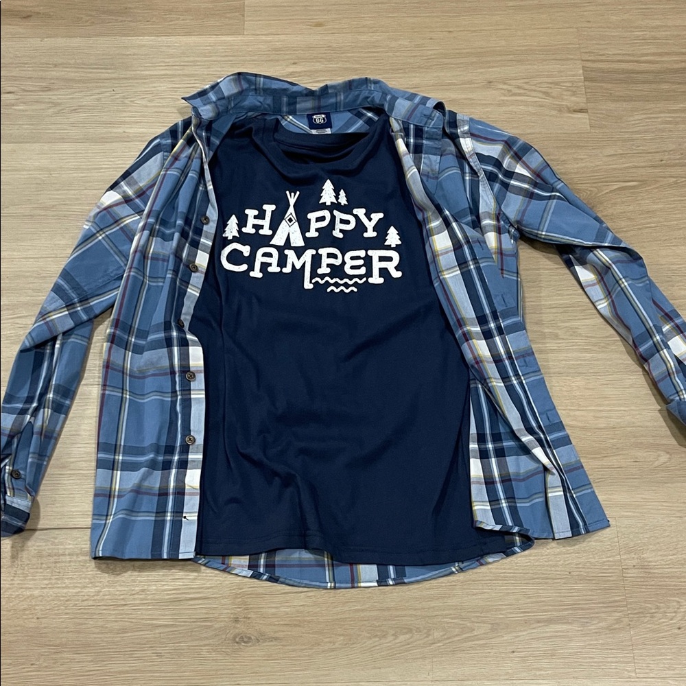 Route 66 Blue Plaid Button Down Shirt with Navy Graphic Tee